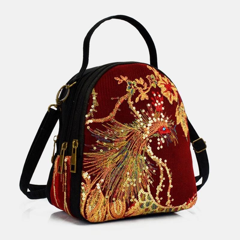 Femmes Toile Style Ethnique Broderie Paon Motif Paillettes Mini Multi-porter Sac À Main Sac À Bandoulière