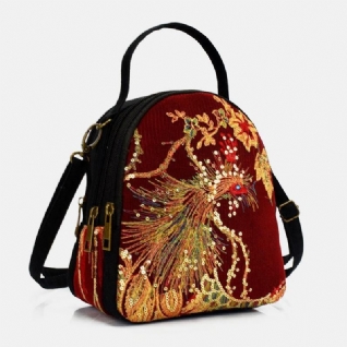 Femmes Toile Style Ethnique Broderie Paon Motif Paillettes Mini Multi-porter Sac À Main Sac À Bandoulière