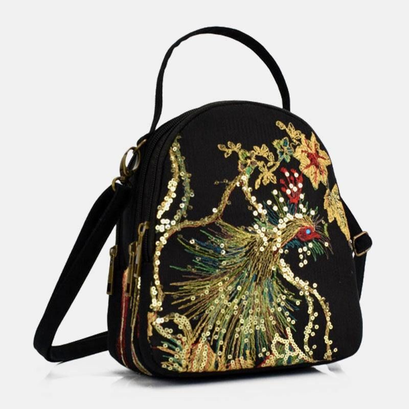 Femmes Toile Style Ethnique Broderie Paon Motif Paillettes Mini Multi-porter Sac À Main Sac À Bandoulière