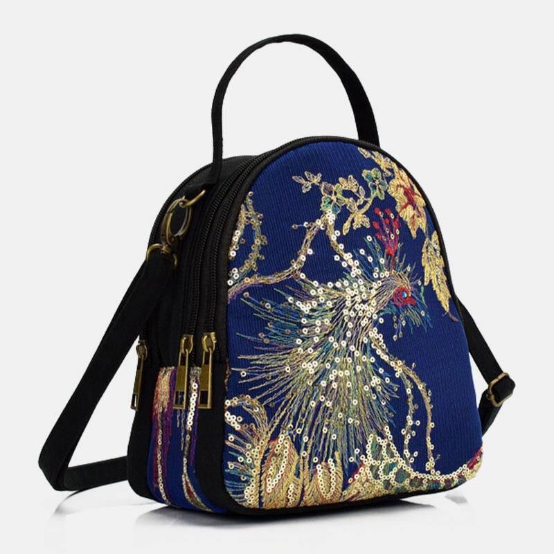 Femmes Toile Style Ethnique Broderie Paon Motif Paillettes Mini Multi-porter Sac À Main Sac À Bandoulière