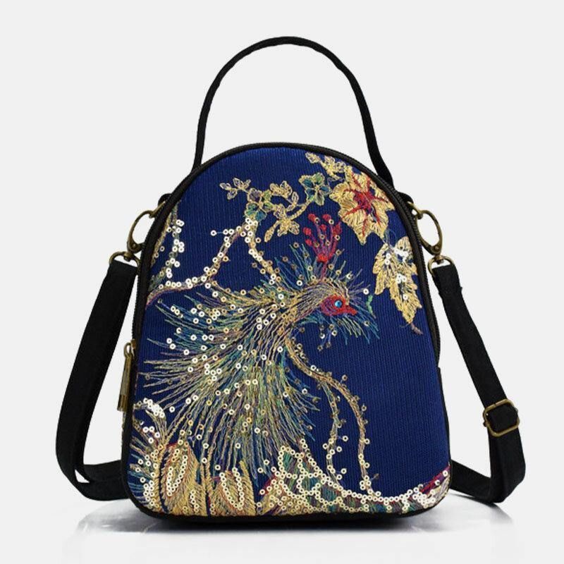 Femmes Toile Style Ethnique Broderie Paon Motif Paillettes Mini Multi-porter Sac À Main Sac À Bandoulière