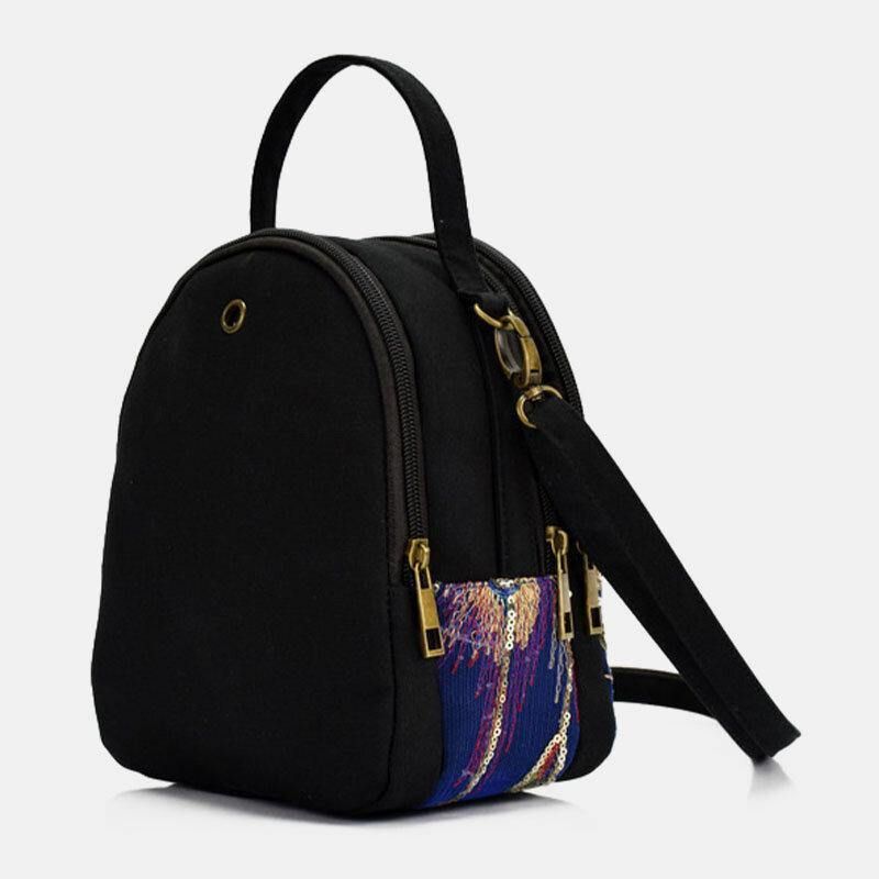 Femmes Toile Style Ethnique Broderie Paon Motif Paillettes Mini Multi-porter Sac À Main Sac À Bandoulière