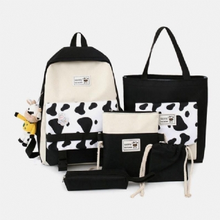 5 Pcs Toile Preppy Vache Motif Multifonction Combinaison Sac À Dos Fourre-tout Sac À Bandoulière Pochette Portefeuille