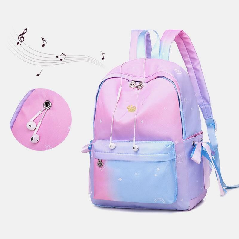 Femmes Oxford Color Gradient Earphone Hole Bowknot Casual Studeng Bag Sac À Dos