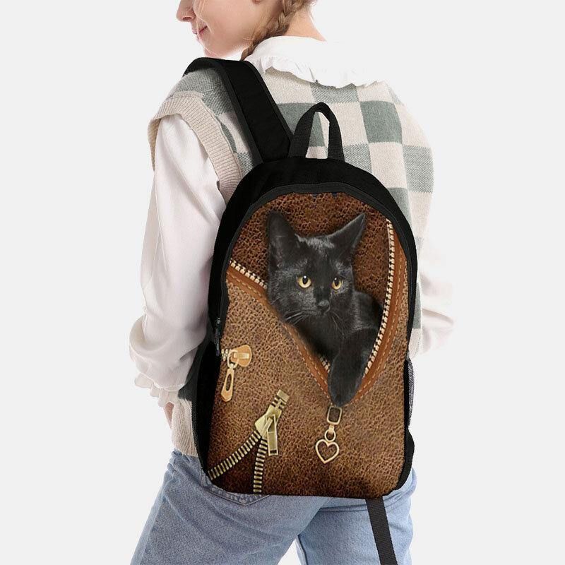 Femmes Oxford Patchwork Grande Capacité Dessin Animé Chat Fermeture Éclair Motif Impression Sac À Dos