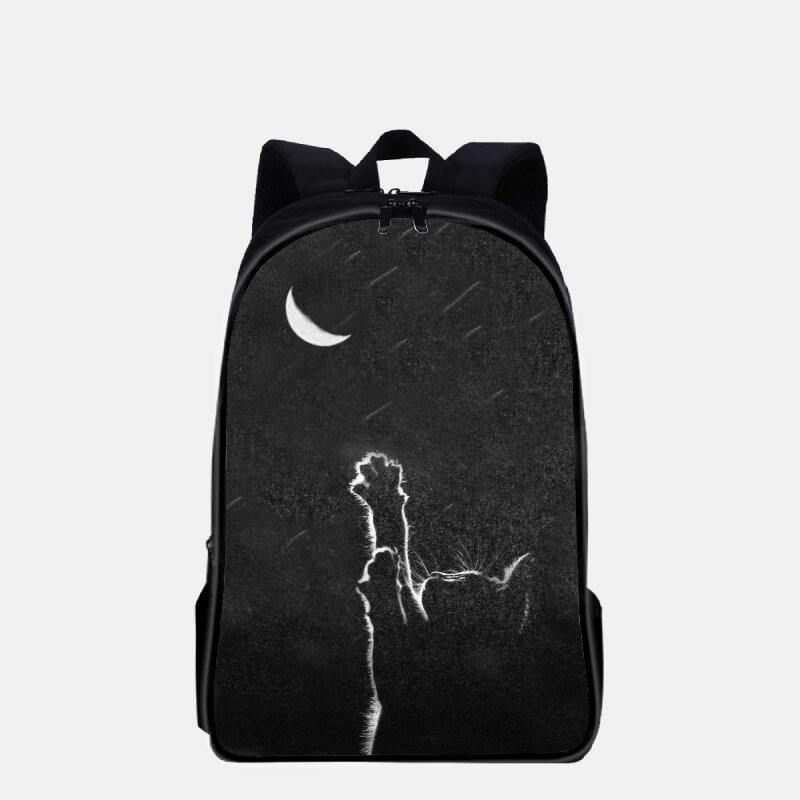 Femmes Oxford Tissu Décontracté Mignon Chat Noir Vue Arrière Et Lune Impression Sac D'école Sac À Dos