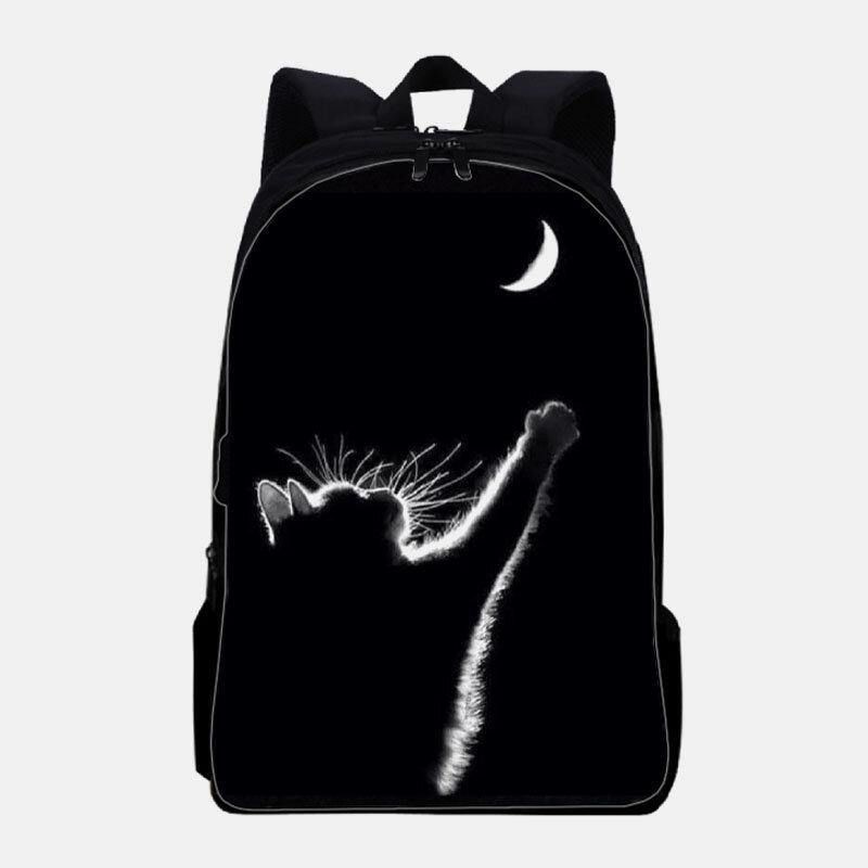 Femmes Oxford Tissu Décontracté Mignon Chat Noir Vue Arrière Et Lune Impression Sac D'école Sac À Dos