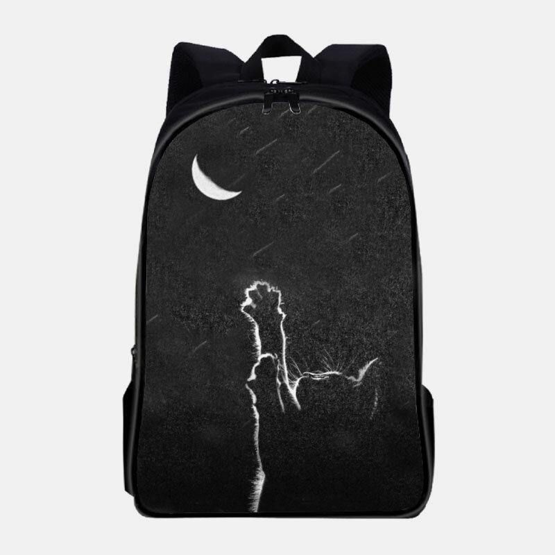 Femmes Oxford Tissu Décontracté Mignon Chat Noir Vue Arrière Et Lune Impression Sac D'école Sac À Dos