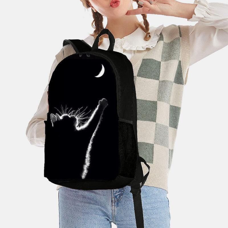 Femmes Oxford Tissu Décontracté Mignon Chat Noir Vue Arrière Et Lune Impression Sac D'école Sac À Dos