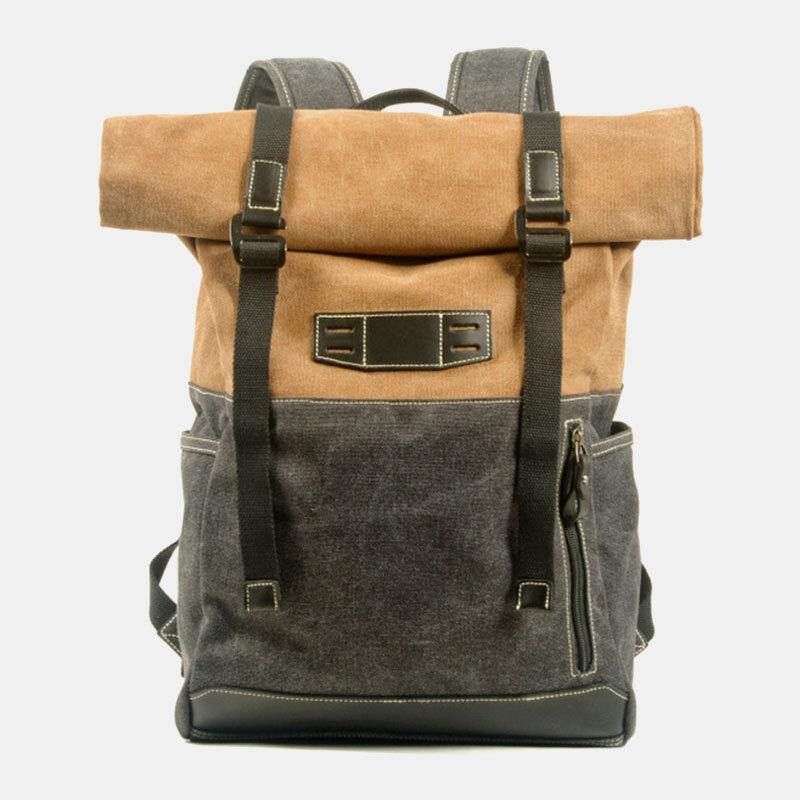 Hommes En Cuir Véritable Peau De Vache Et Toile Patchwork Extérieur Étanche Antivol Randonnée 14 Pouces Sac À Dos Pour Ordinateur Portable