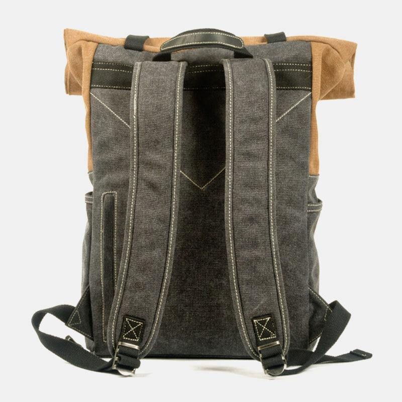 Hommes En Cuir Véritable Peau De Vache Et Toile Patchwork Extérieur Étanche Antivol Randonnée 14 Pouces Sac À Dos Pour Ordinateur Portable