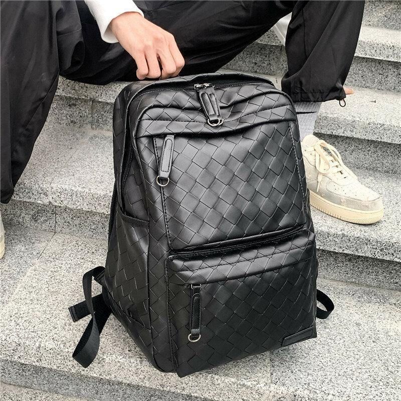 Hommes Faux Cuir Grande Décontractéesité Tissé Capacité 14 Pouces Sac D'ordinateur Portable Sac D'école Voyage Sac À Dos