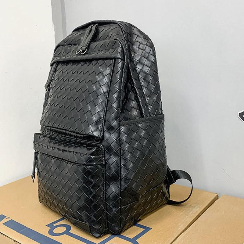 Hommes Faux Cuir Grande Décontractéesité Tissé Capacité 14 Pouces Sac D'ordinateur Portable Sac D'école Voyage Sac À Dos