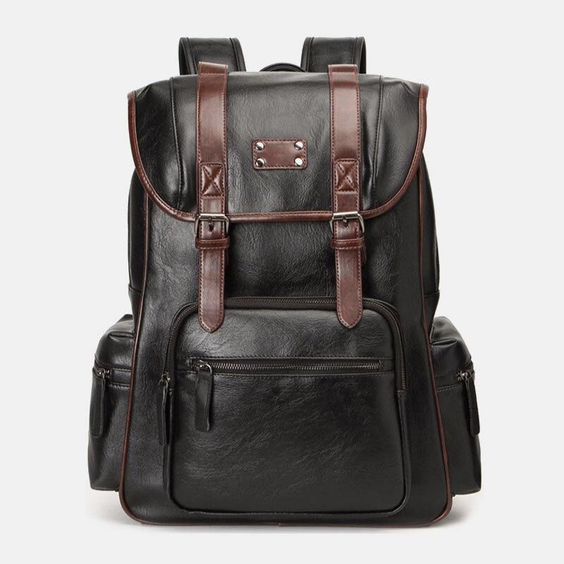 Hommes Faux Cuir Multi-poches Grande Capacité 14 Pouces Ordinateur Portable Sac À Dos De Voyage