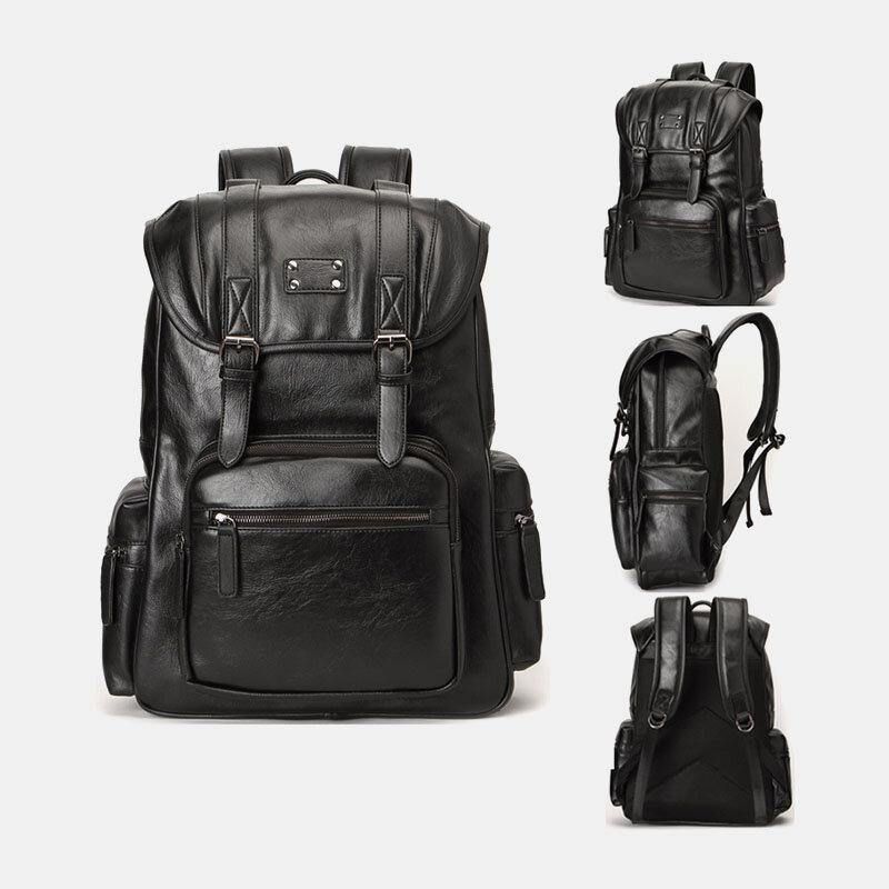 Hommes Faux Cuir Multi-poches Grande Capacité 14 Pouces Ordinateur Portable Sac À Dos De Voyage