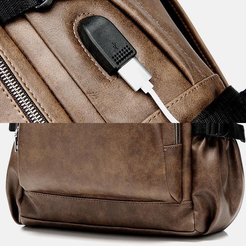 Hommes Pu Cuir Usb Charge Affaires Décontracté Étanche 14 Pouces Sac Pour Ordinateur Portable Étudiant Sac D'école Sac À Dos Réglable