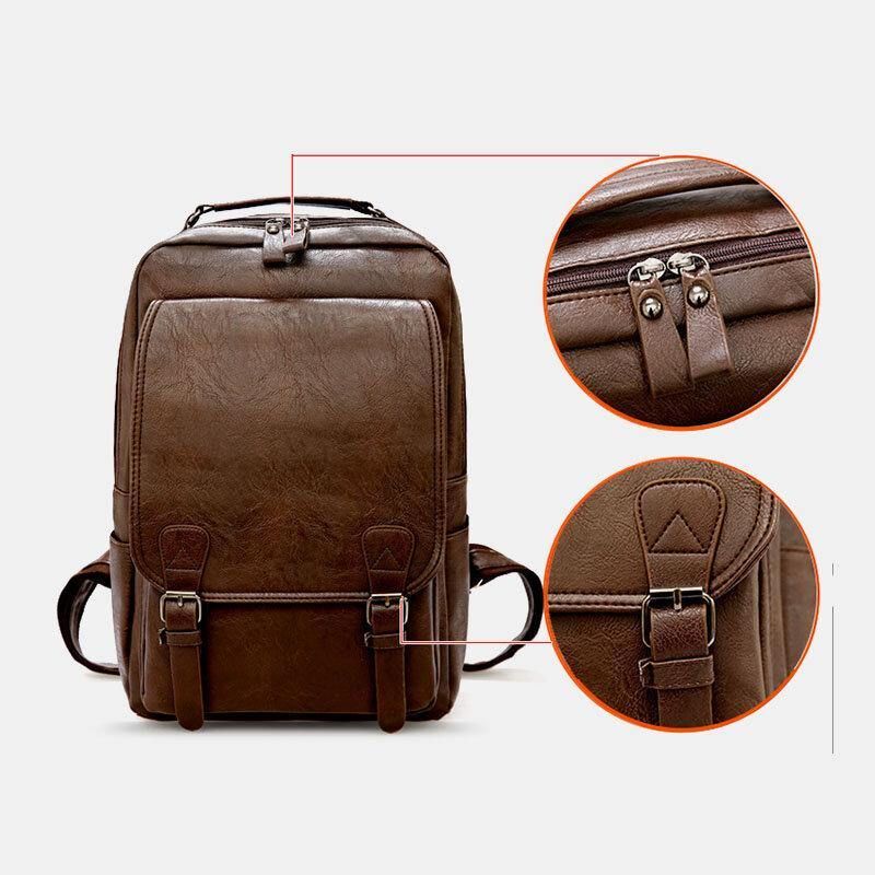 Hommes Pu Cuir Vintage Business Étanche Résistant À L'usure Grande Capacité 15.6 Pouces Sac Pour Ordinateur Portable Sac À Dos