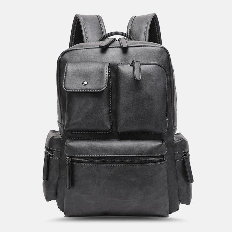 Sac À Dos Respirant Multi-poches En Cuir Pu Pour Hommes Rétro Grande Capacité Sac Pour Ordinateur Portable 14 Pouces