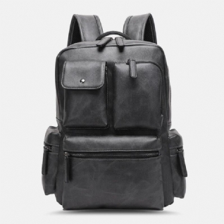 Sac À Dos Respirant Multi-poches En Cuir Pu Pour Hommes Rétro Grande Capacité Sac Pour Ordinateur Portable 14 Pouces