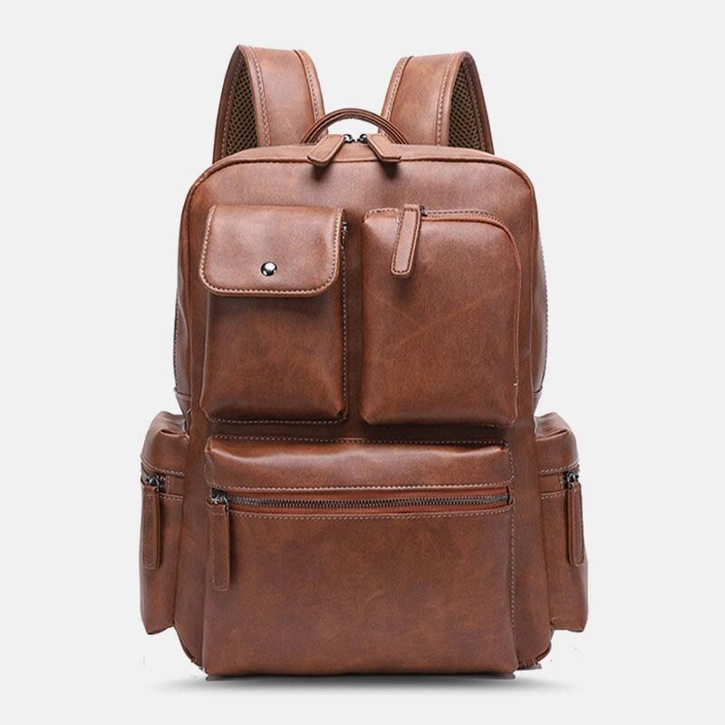 Sac À Dos Respirant Multi-poches En Cuir Pu Pour Hommes Rétro Grande Capacité Sac Pour Ordinateur Portable 14 Pouces