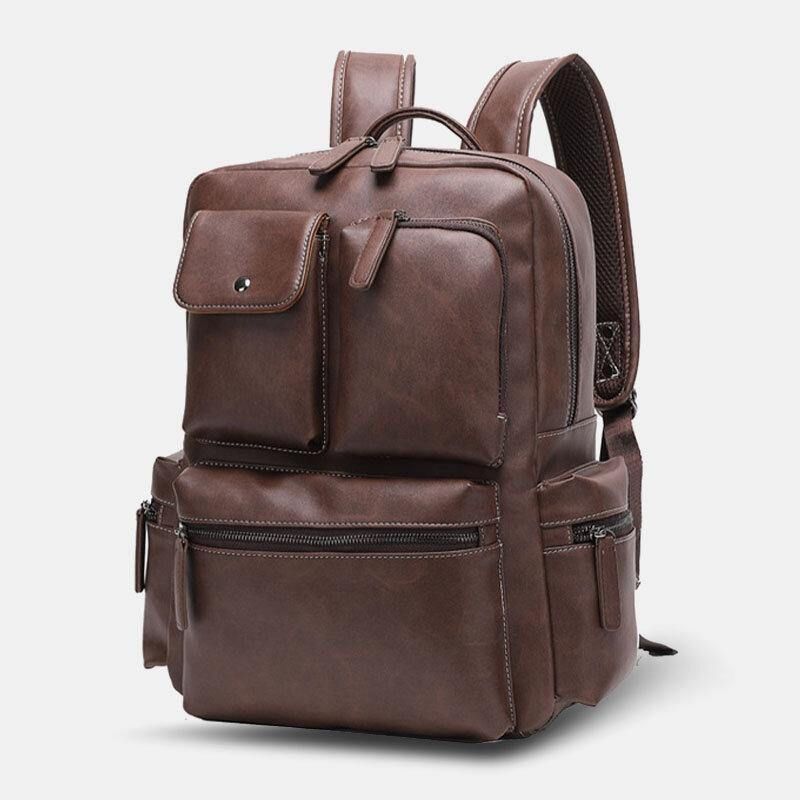 Sac À Dos Respirant Multi-poches En Cuir Pu Pour Hommes Rétro Grande Capacité Sac Pour Ordinateur Portable 14 Pouces