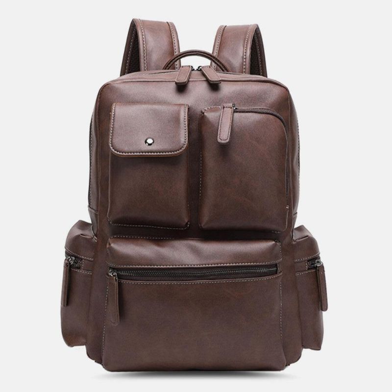 Sac À Dos Respirant Multi-poches En Cuir Pu Pour Hommes Rétro Grande Capacité Sac Pour Ordinateur Portable 14 Pouces