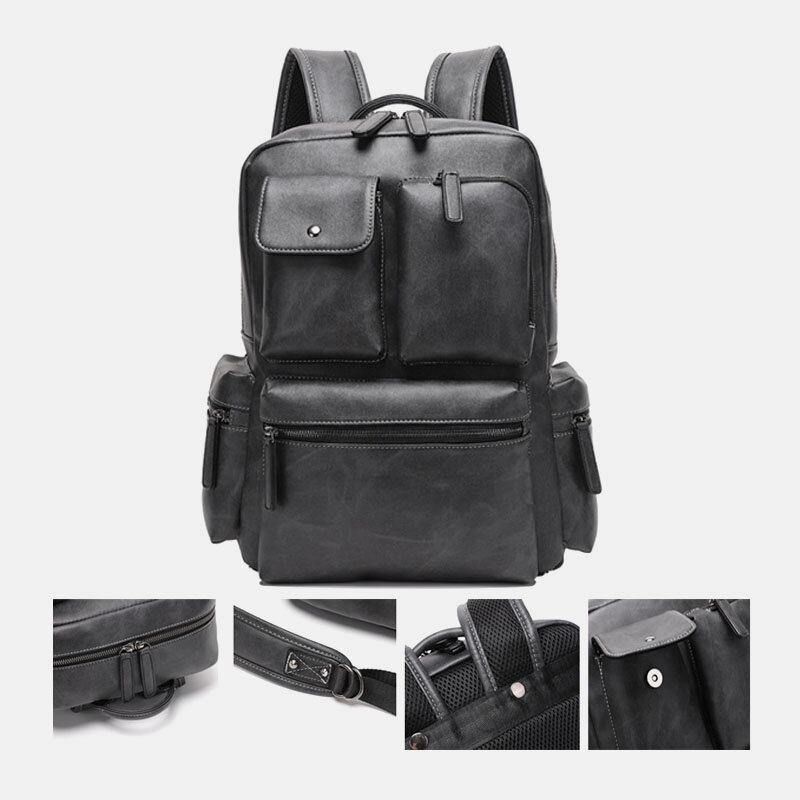 Sac À Dos Respirant Multi-poches En Cuir Pu Pour Hommes Rétro Grande Capacité Sac Pour Ordinateur Portable 14 Pouces