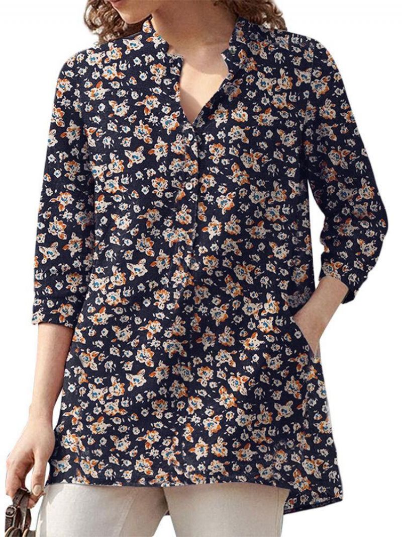 Chemisier Femme 100% Coton Floral Loisirs Style Rétro Bohème Col V Poches Latérales