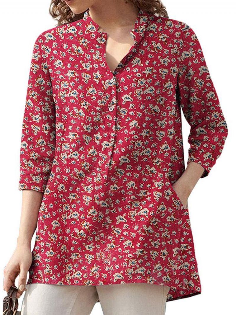 Chemisier Femme 100% Coton Floral Loisirs Style Rétro Bohème Col V Poches Latérales