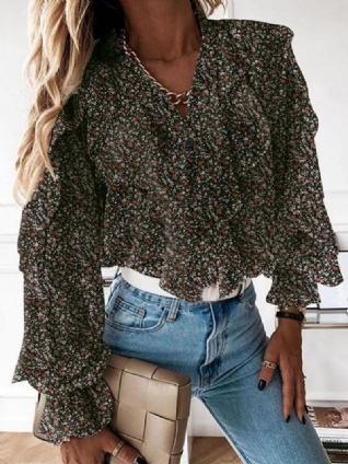 Ditsy Floral Print V-neck Casual Flounce Sleeve Button Blouses Décontractées Pour Femmes