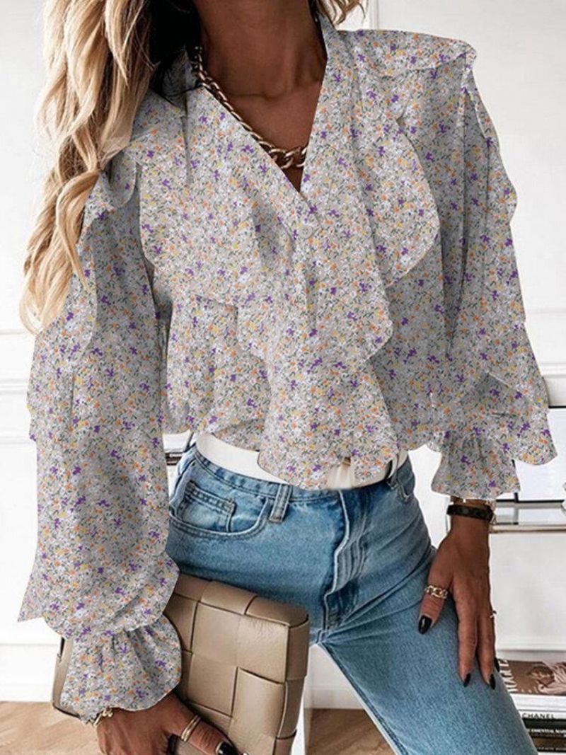 Ditsy Floral Print V-neck Casual Flounce Sleeve Button Blouses Décontractées Pour Femmes