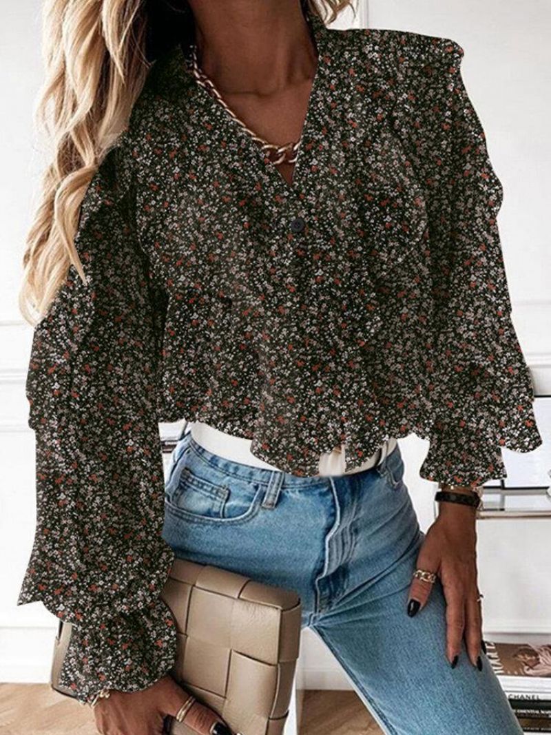 Ditsy Floral Print V-neck Casual Flounce Sleeve Button Blouses Décontractées Pour Femmes