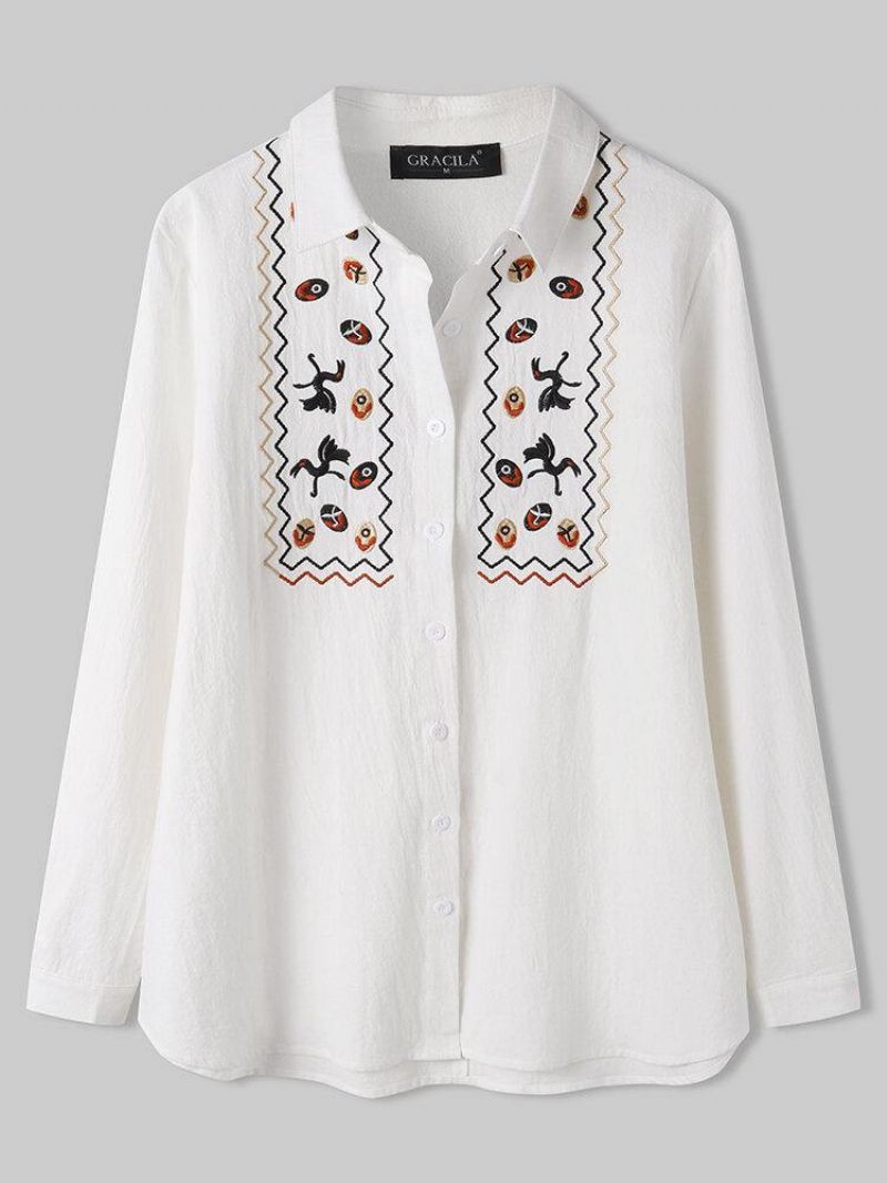 Femmes Blanc Revers Ethnique Broderie Quotidien Casual Chemises À Manches Longues