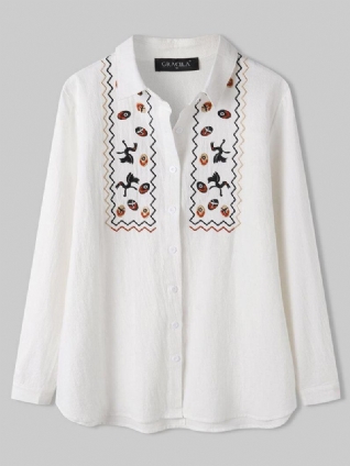 Femmes Blanc Revers Ethnique Broderie Quotidien Casual Chemises À Manches Longues