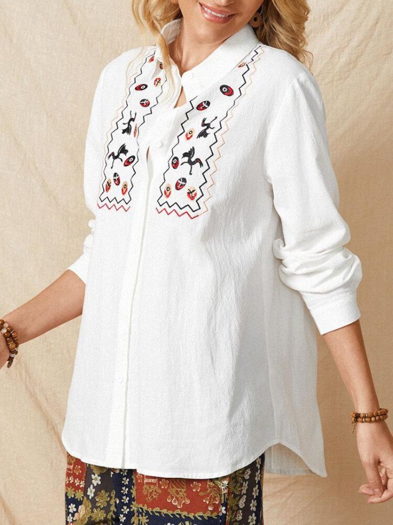 Femmes Blanc Revers Ethnique Broderie Quotidien Casual Chemises À Manches Longues