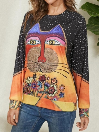 Femmes Dessin Animé Chat Tache Impression Col Rond Décontracté Manches Raglan Chemisiers