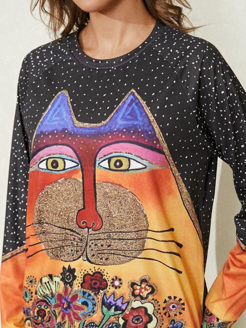 Femmes Dessin Animé Chat Tache Impression Col Rond Décontracté Manches Raglan Chemisiers