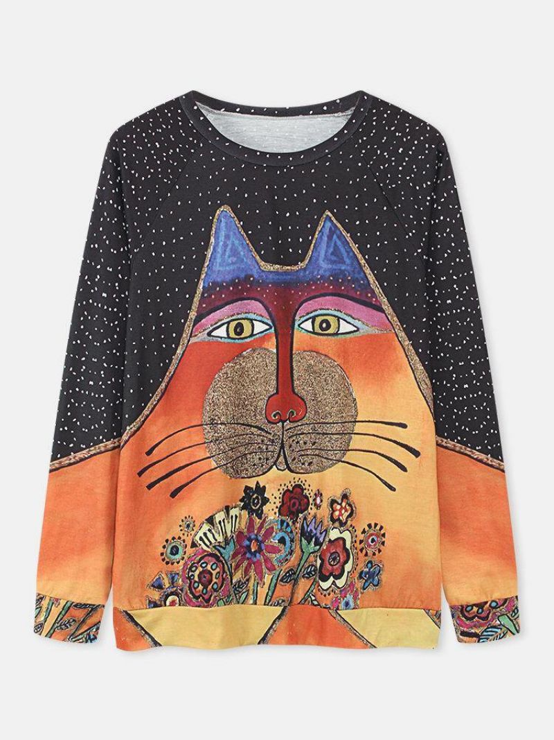 Femmes Dessin Animé Chat Tache Impression Col Rond Décontracté Manches Raglan Chemisiers