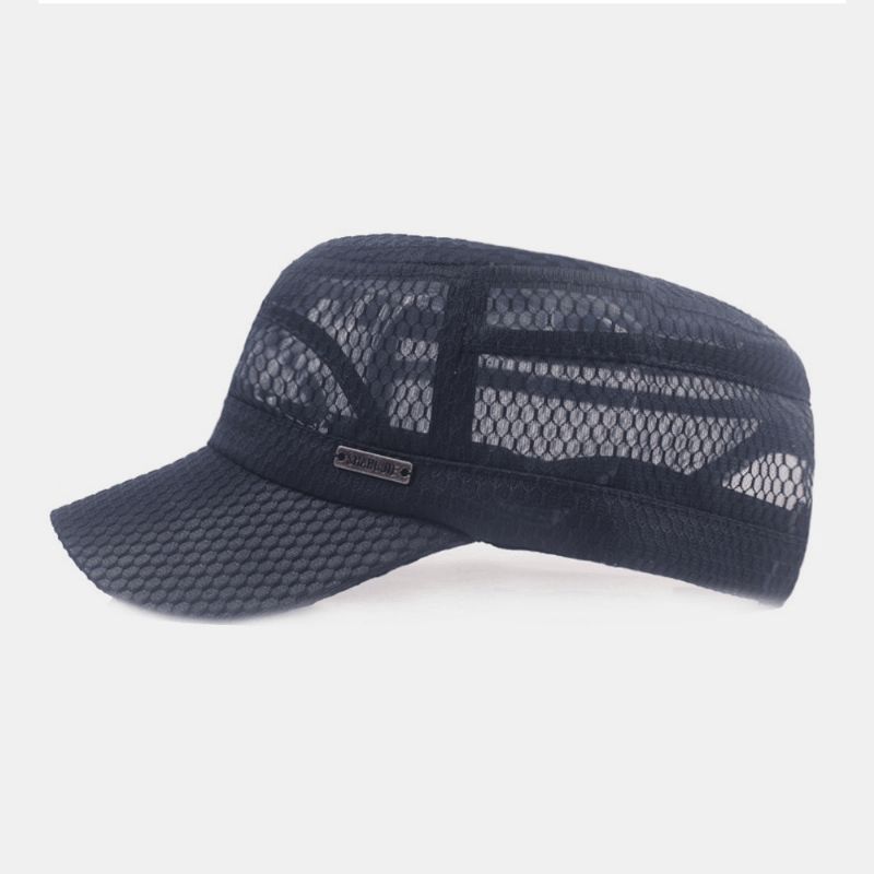 Casquette Plate De Couleur Unie Respirante En Maille Réglable Pour Hommes Avec Étiquette En Métal