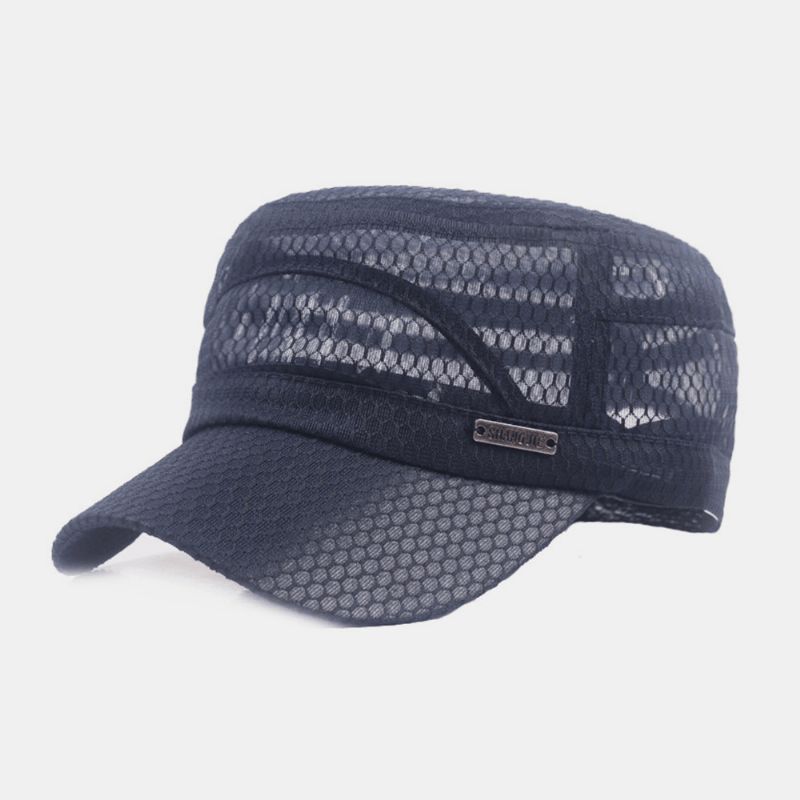 Casquette Plate De Couleur Unie Respirante En Maille Réglable Pour Hommes Avec Étiquette En Métal