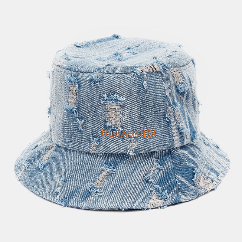 Chapeau Seau Unisexe En Denim Avec Motif De Lettres Et Broderie Endommagé Fabriqué À L'ancienne