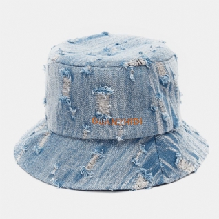 Chapeau Seau Unisexe En Denim Avec Motif De Lettres Et Broderie Endommagé Fabriqué À L'ancienne