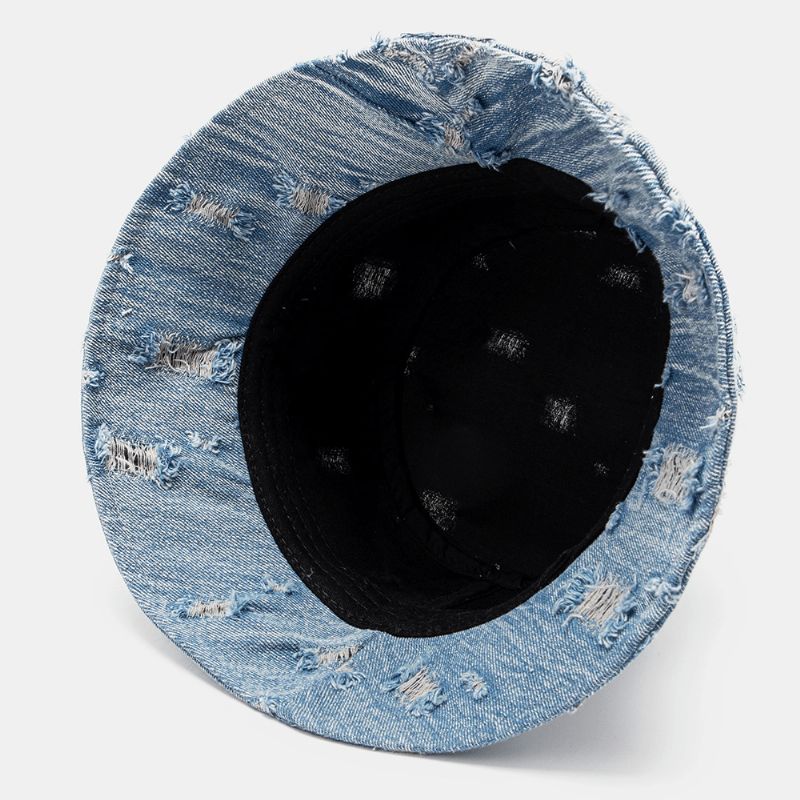 Chapeau Seau Unisexe En Denim Avec Motif De Lettres Et Broderie Endommagé Fabriqué À L'ancienne