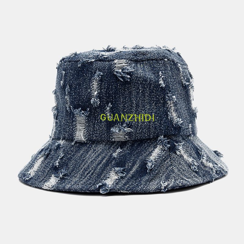 Chapeau Seau Unisexe En Denim Avec Motif De Lettres Et Broderie Endommagé Fabriqué À L'ancienne