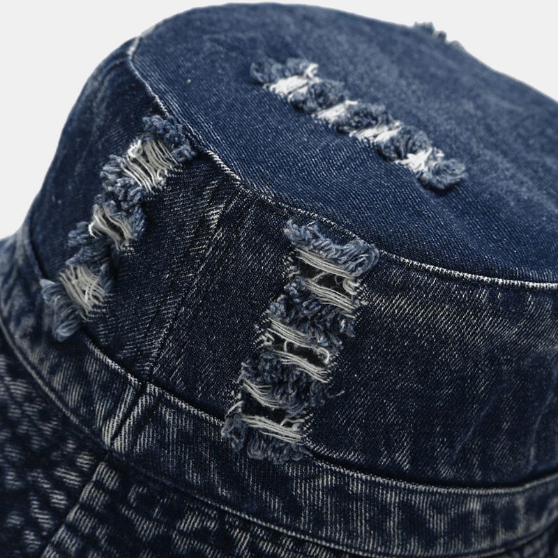 Chapeau De Seau Unisexe En Denim Avec Trous Cassés Fait À L'ancienne