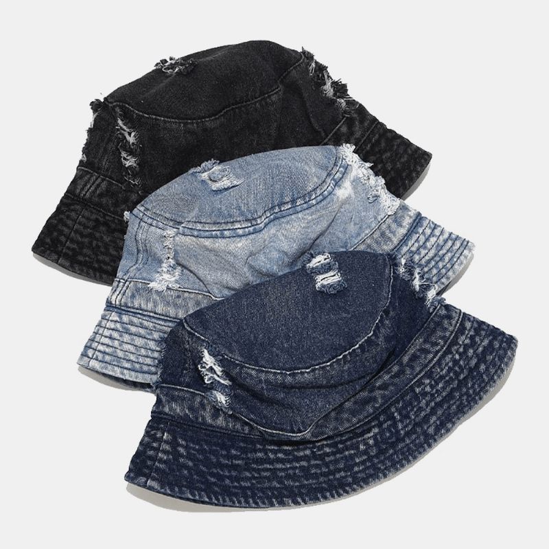 Chapeau De Seau Unisexe En Denim Avec Trous Cassés Fait À L'ancienne