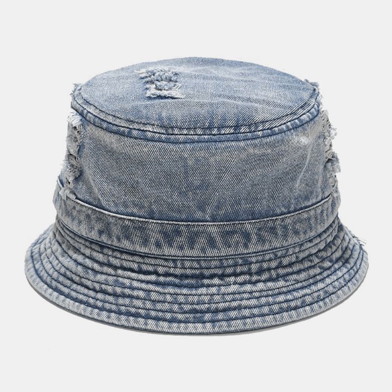 Chapeau De Seau Unisexe En Denim Avec Trous Cassés Fait À L'ancienne