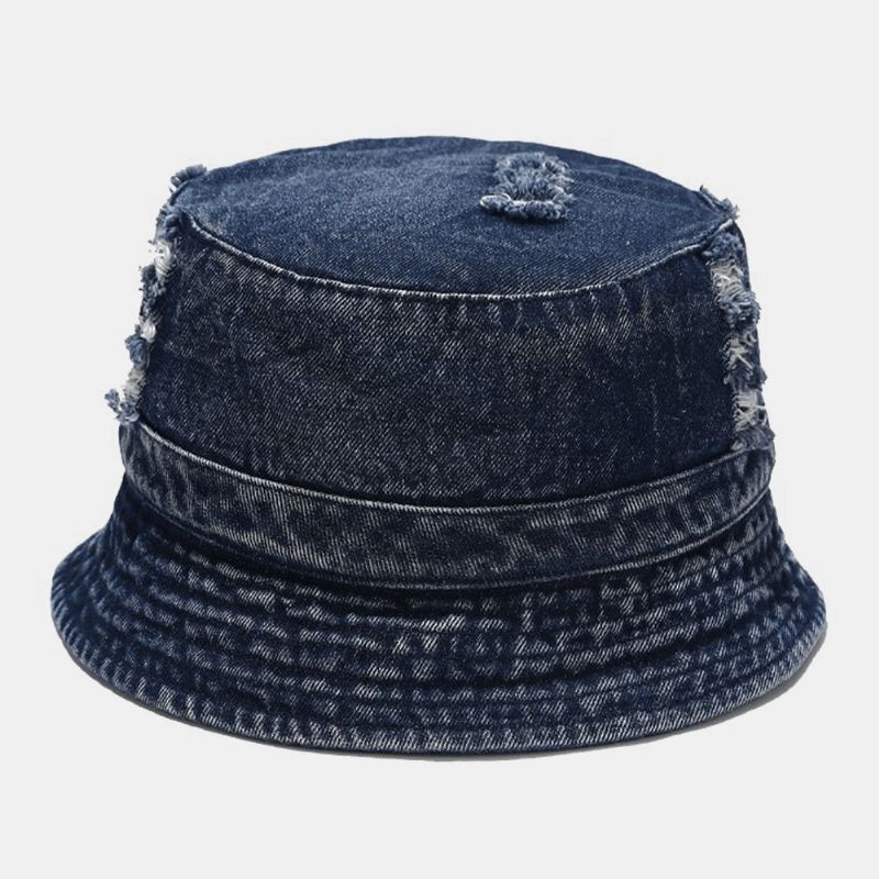 Chapeau De Seau Unisexe En Denim Avec Trous Cassés Fait À L'ancienne