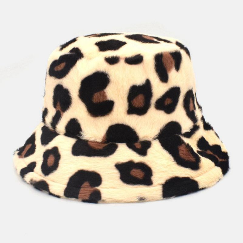 Chapeau Seau Unisexe En Peluche Doux Et Chaud Décontracté Avec Motif Léopard Mignon