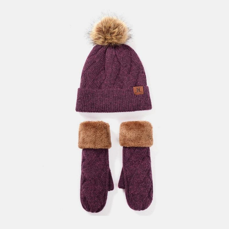 Femmes 2 Pièces Laine Plus Épaissir Chaud Hiver Gants Tricotés En Plein Air Chapeau Tricoté Avec Boule De Peluche